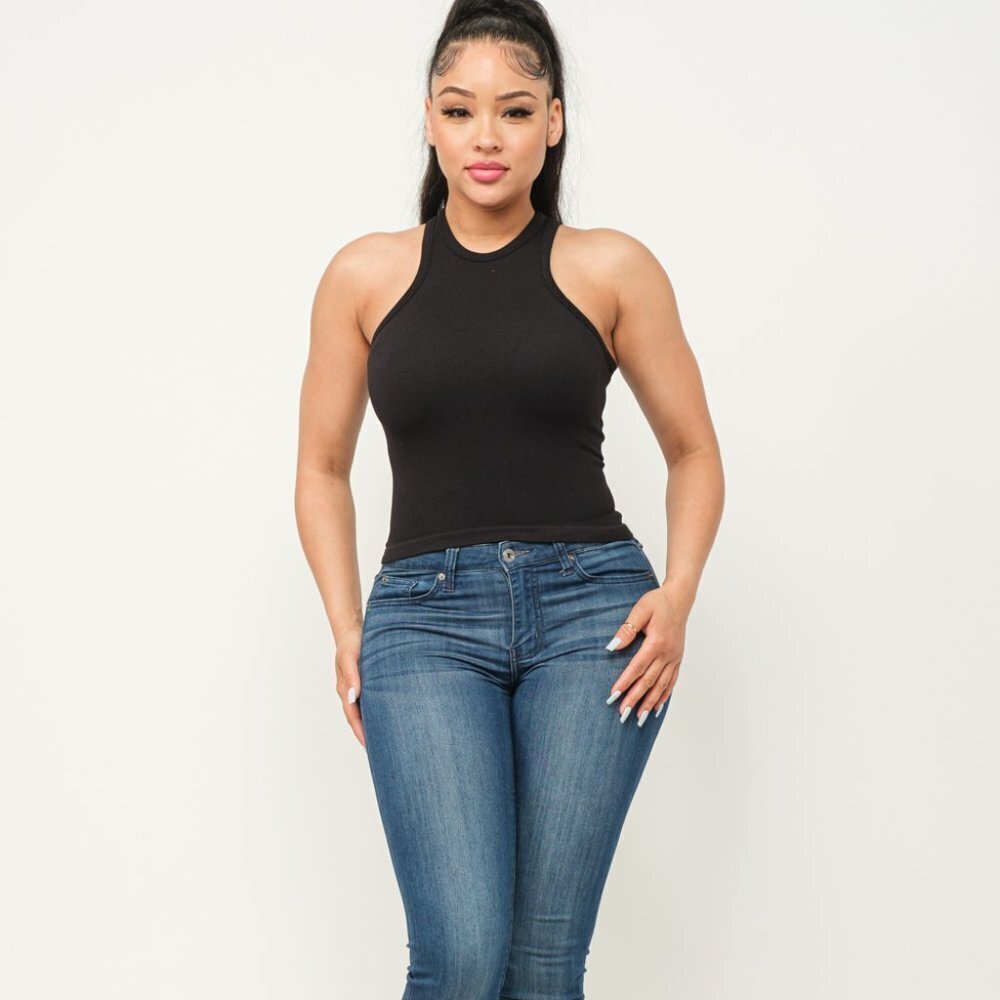 T3-Fine Ribbed High Neck Tank Top- NWT- White M/L - Picture 3 of 4